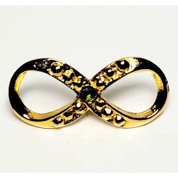 HATTIE CARNEGIE Infinity Brooch Gold GP Green Rhinestone PIN VALENTINE PRISTINE! - Picture 3 of 8